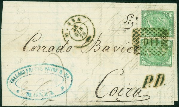 Regno - Vittorio Emanuele II - Due 5 cent Vitt. Em. II (T16) su letterina da Monza a Coira (Svizzera) del 26.1.75