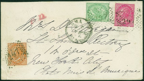 Regno - Vittorio Emanuele II - Tricolore - Busta dal Consolato Generale degli Stati Uniti con 5 cent + 10 cent + 10 cent + 40 cent tiratura di Torino (T16 + T17 + T20) da Roma a New York del 8.4.74