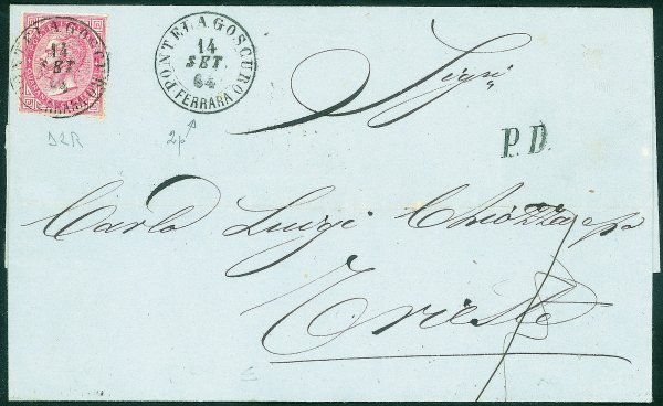Regno - Vittorio Emanuele II - Lettera con 40 cent DLR (L20) isolato da Pontelagoscuro (P.ti 2) a Trieste del 14.9.64