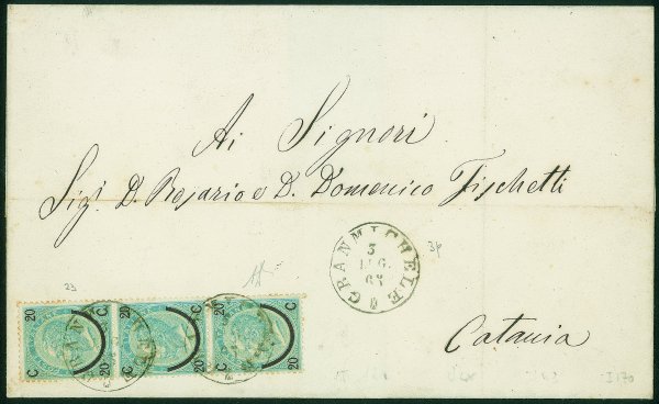 Regno - Vittorio Emanuele II - Striscia verticale di tre del 20 su 15 cent I tipo (23) su lettera da Granmichele (P.ti 3) a Catania del 3.7.65 - Diena