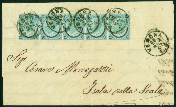 Regno - Vittorio Emanuele II - Striscia orizzontale di cinque del 20 su 15 cent III tipo (25) su lettera da Verona a Isola della Scala del 28.3.67 - lettera con piega d'archivio passante su uno degli esemplari - Diena
