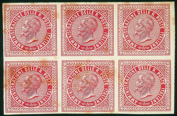 Regno - Vittorio Emanuele II - Blocco di sei etichette postali rosse con effige di Vittorio Emanuele II