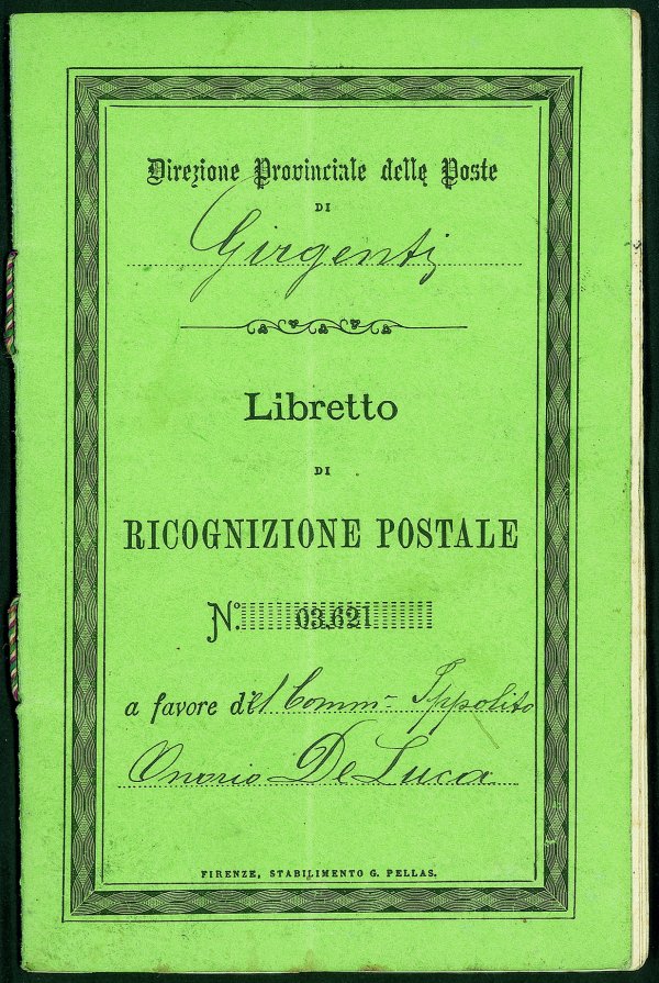 Regno - Vittorio Emanuele II - Libretto di Ricognizione Postale completo di 8 su 10 pagine con apposto il 10 cent (1) annullato Girgenti 26.6.1889