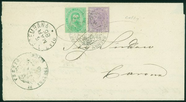 Regno - Umberto I - Due Re - Lettera affrancata con 5 cent Umberto (37) + 5 cent Marca da Bollo Vittorio Emanuele II