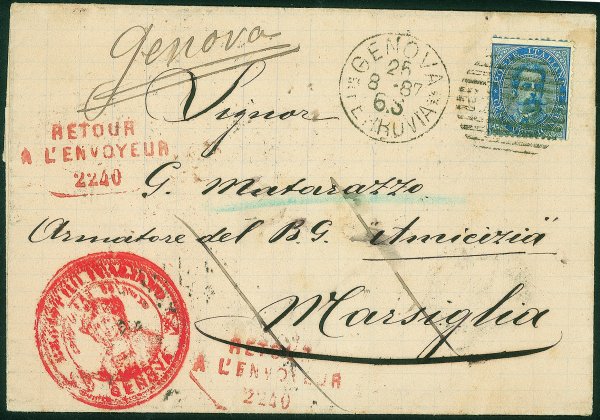 Regno - Umberto I - Lettera per Marsiglia da GENOVA 25.8.87