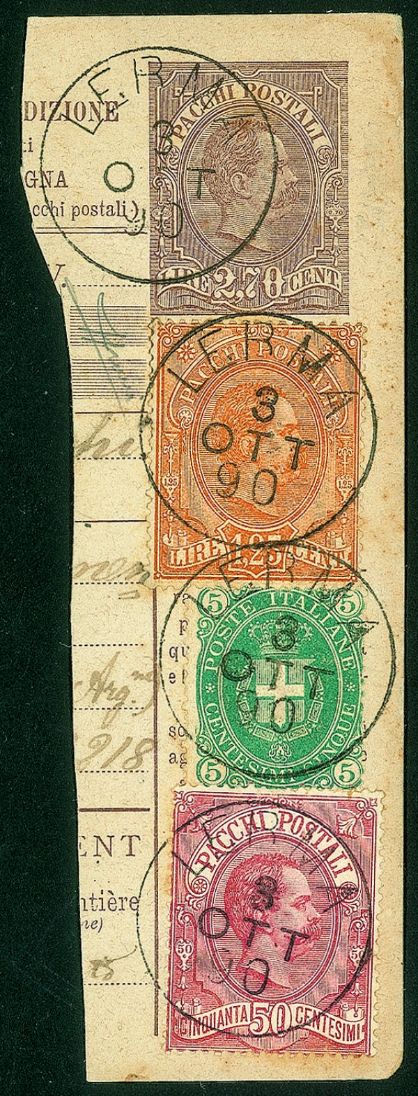 Regno - Umberto I - Frammento di bollettino pacchi da 2,70 lire Umberto I con affrancatura aggiuntiva di 50 cent + 1,25 lire Pacchi (3 + 5) + 5 cent Stemma (44) - Lerma 3.10.90 (al retro Genova 4.10.90) - Sorani
