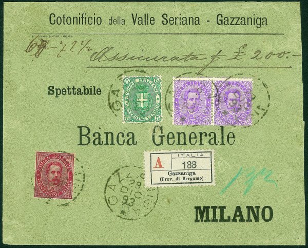 Regno - Umberto I - Assicurata con c.5 verde + c.10 carminio + coppia c.60 violetto (38 + 47 + 59 cat.1900+)