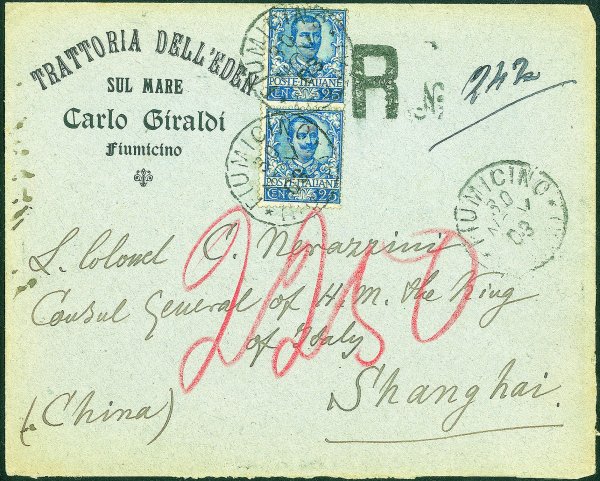 Regno - Vittorio Emanuele III - Coppia del 25 cent Floreale (73) su raccomandata da Fiumicino a Shanghai (Cina) del 30.11.03 - annulli di transito al retro
