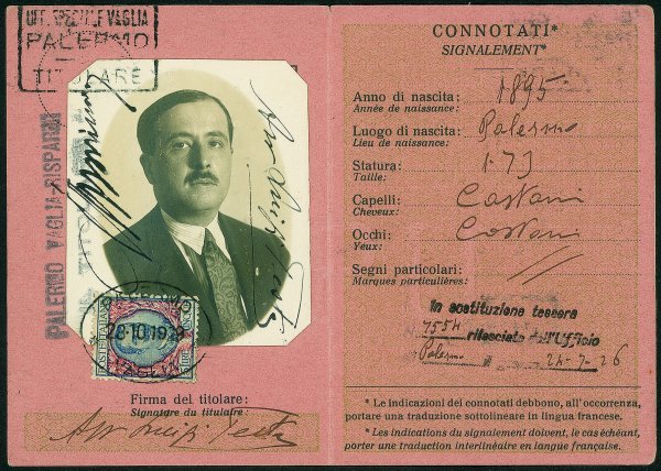 Regno - Vittorio Emanuele III - Floreale 5 lire (78) isolato su tessera postale di riconoscimento - Palermo 28.10.29