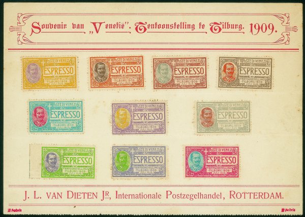Regno - Vittorio Emanuele III - 1909 - Curioso foglio Souvenir con applicati 10 esemplari di Espresso con dicitura Poste di Venezia - Van Dieten Rotterdam simili ai valori emessi