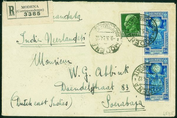 Regno - Vittorio Emanuele III - Anno Santo - due 1,25 lire (348) + complementare 25 cent (248) su busta raccomandata da Modena a Soerabaja (Indie Olandesi) del 9.3.34