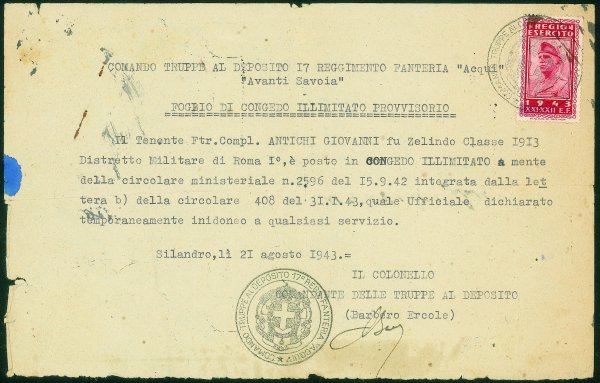 Regno - Vittorio Emanuele III - 1943 - Regio Esercito - Piccolo insieme del contrassegno per fogli di congedo - 1 valore usato + 2 su frammento + 6 documenti tra cui la disposizione per l'uso del valore