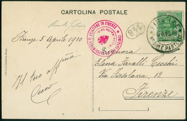Regno - Posta Aerea - 1910 - Firenze Spettacoli di Aviazione - Cartolina ufficiale (Longhi 233) con annullo rosso COMITATO PER UN ESPERIMENTO DI AVIAZIONE DI FIRENZE (Longhi 232) - Firenze 5.4.10 - cert. Fabris