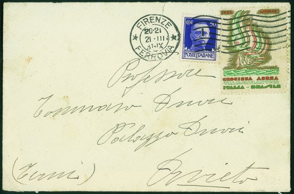 Regno - Posta Aerea - Crociera Aerea Italia Brasile - Erinnofilo su lettera affrancata con 50 cent (251) da Firenze a Orvieto del 21.3.31