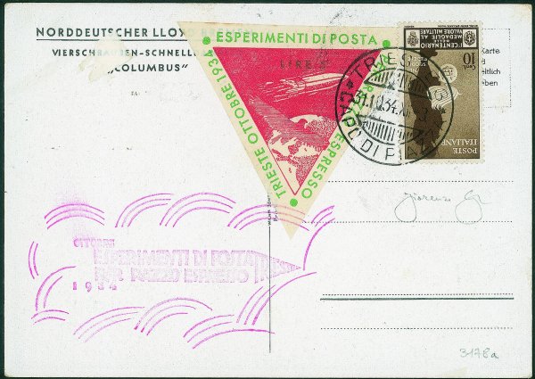 Regno - Posta Aerea - Cartolina della nave Columbus con etichetta Posta Razzo (Longhi 3178a) - Trieste 31.10.34 - Longhi