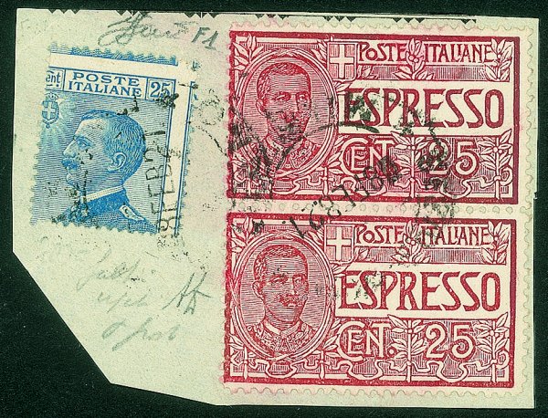 Regno - Espressi - Frammento del 18.2.1921 con 25 cent. azzurro + Espressi 1920