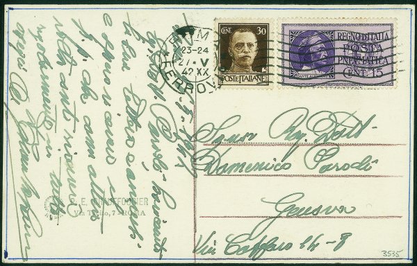 Regno - Posta Pneumatica - 15 cent Posta Pneumatica (14) + 30 cent Imperiale su cartolina in tariffa da Roma a Genova del 27.5.42