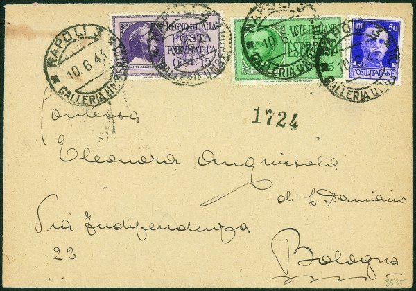 Regno - Posta Pneumatica - Busta espresso con 15 cent Posta Pneumatica (14) + 1,25 lire Espresso (15) + 50 lire Imperiale (251) da Napoli a Bologna del 10.6.43