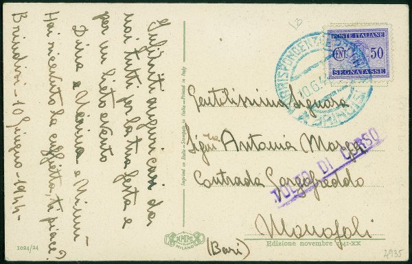 Regno - Segnatasse - Tolto di Corso (violetto) - Cartolina affrancata con 50 cent Segnatasse (40) da Brindisi a Monopoli del 10.6.44
