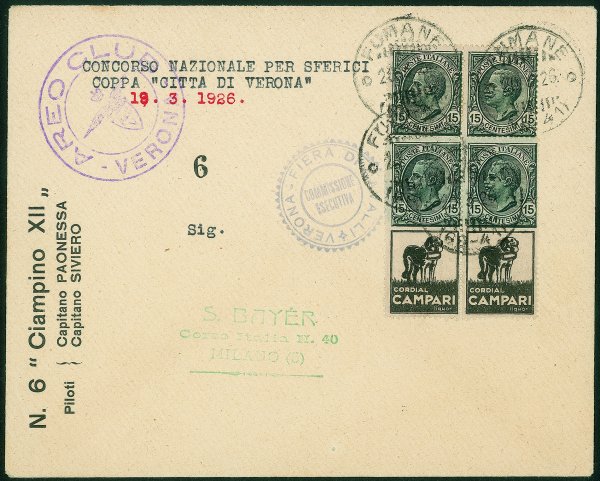 Regno - Pubblicitari - Concorso Nazionale Sferici Città di Vienna 18.3.26 - busta n. 6 'Ciampino XII' affrancata con coppia del 15 cent (108) + coppia del 15 cent Campari (3) - Fumane 20.3.26
