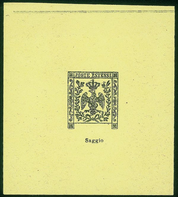 Antichi Stati Italiani - Modena - Due Saggi del francobollo di Modena su carta colorata - una in giallo e una in arancio - senza gomma
