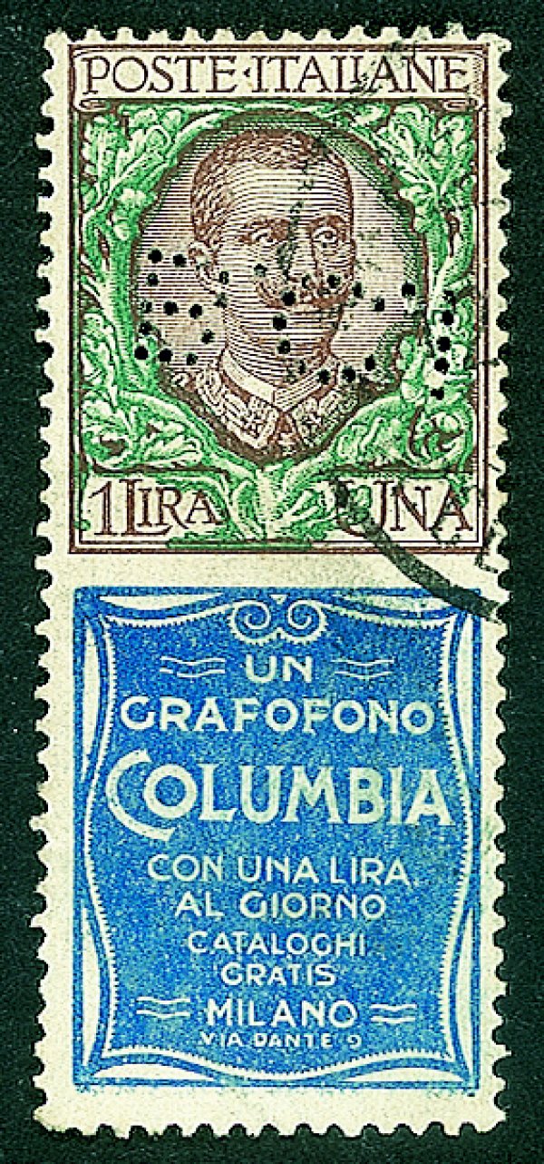 Regno - Perfin - 1925 - Perfin - 1 lira Columbia (19) con perforazione B.C.I. capovolta 
Usato - cert. Viesti