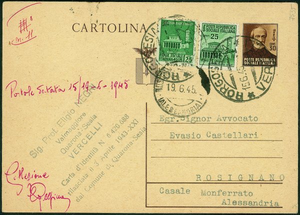 RSI - Definitivi - Gemelli - Intero postale 30 cent più due 25 cent Monumenti Distrutti (497 + 505) da Borgosesia a Rosignano del 15.6.45