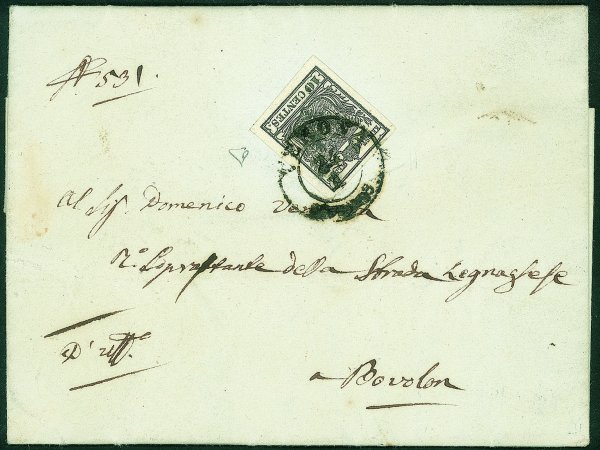 Antichi Stati Italiani - Lombardo Veneto - 10 cent nero (2) carta a mano su lettera da Verona a Bovolon del 24.1.57