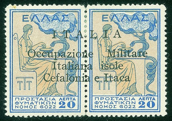 Occupazioni II guerra mondiale - Cefalonia e Itaca - Argostoli - 1941 Esemplari in coppia Beneficenza l.20+20 azzurro e giallo (33 cat.900)