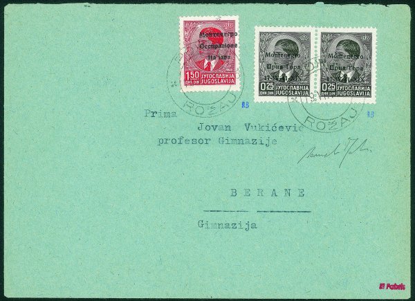 Occupazioni II guerra mondiale - Montenegro - Saggio del 1,50 din con prova di soprastampa su 3 righe e l di Italiana mancante (Posizione 1 - III tipo - vedi nota Sassone) su busta con coppia del 0,25 din nero (1) da Rozaj a Berane del 19.6.41