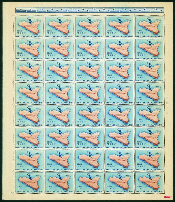 Occupazioni II guerra mondiale - Occupazione Anglo-Americana - Sicilia - 1945 - Intero foglio di 50 esemplari del chiudilettera 'Come to Sicily' (CEI 100A) emesso dagli americani per propaganda turistica