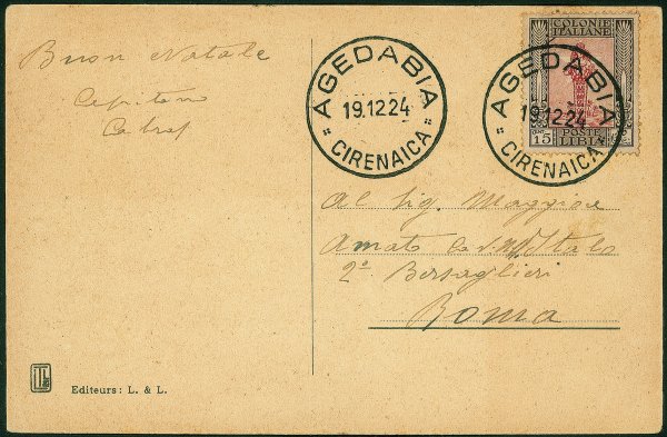 Colonie - Cirenaica - Agedabia (Cirenaica) 19.12.24 su cartolina con 15 cent Pittorica (48) per Roma