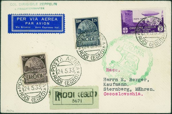 Colonie - Egeo - Volo su Roma - Corriere dell'Egeo - busta con 5 lire Zeppelin (Longhi 341) da Rodi 24.5.33 per Sternberg (Cecoslovacchia)