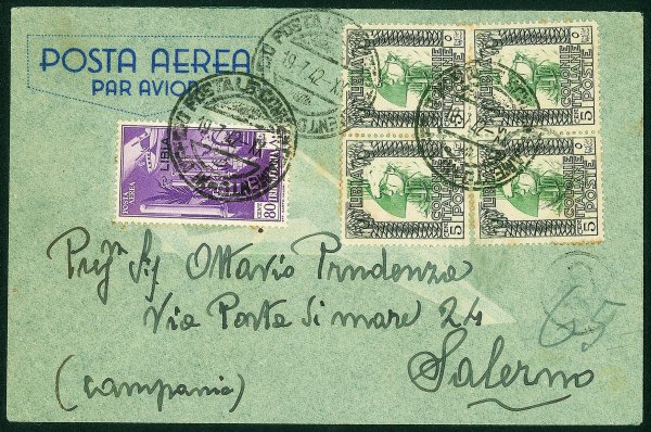 Colonie - Libia - Aerogramma con quartina del 5 cent Pittorica (46) + 80 cent Posta Aerea (48) per Salerno del 19.7.42