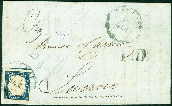 Antichi Stati Italiani - Modena - Lettera affrancata con 20 cent azzurro scuro (Sardegna - C3)