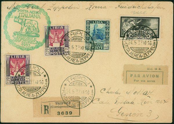 Colonie - Libia - Volo di Ritorno - Corriere della Tripolitania - busta con 20 lire Zeppelin (Longhi 693) + complementari per Ginevra del 24.5.33
