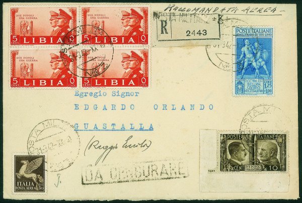 Colonie - Libia - Posta Militare N. 3 - Aerogramma raccomandato affrancato con due quartine (una al retro) del 5 cent Fratellanza d'Armi (171) + bel 10 cent Fratellanza d'Armi del Regno angolo di foglio (452) + 1,25 lire Tito Livio (461) + 50 cent P. Aere