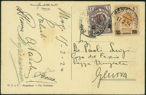 Colonie - Somalia - Cartolina con 1 besa su 2 cent + 5 besa su 50 cent Elefante e Leone (34 + 37) da Mogadiscio a Genova del 19.2.24