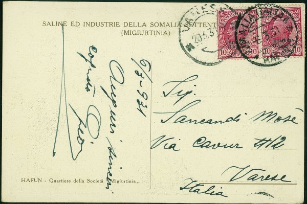 Colonie - Somalia - Hafun 6.3.31 su cartolina affrancata con coppia del 10 cent soprastampato (94) per Varese