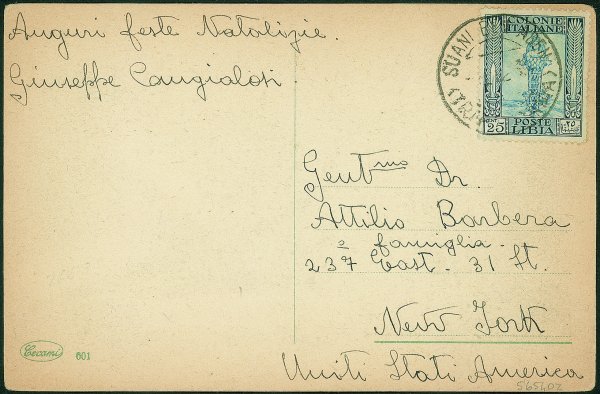 Colonie - Tripolitania - Suani Ben Aden (Tripolitania) su cartolina con 25 cent Pittorica (49) per New York - raro annullo e destinazione
