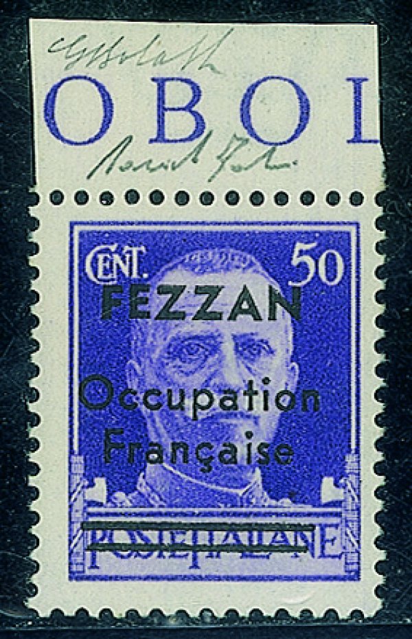 Occupazioni straniere delle colonie - Occupazione Francese - Fezzan - 1943 - Bell'esemplare del 50 cent soprastampato (1) con bordo di foglio