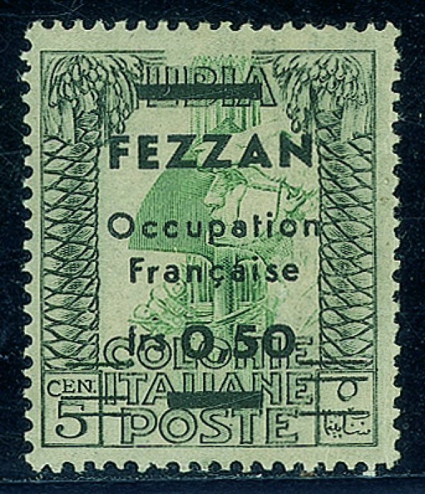 Occupazioni straniere delle colonie - Occupazione Francese - Fezzan - 1943 - Soprastampa di Prova - esemplare del 0,50 fr. su 5 cent Pittorica (tipo 2)