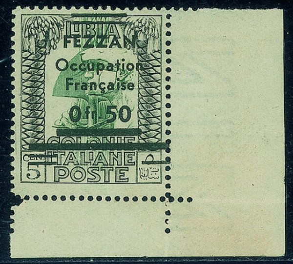 Occupazioni straniere delle colonie - Occupazione Francese - Fezzan - 1943 - Bell'esemplare del 0,50 fr. su 5 cent Pittorica (2) angolo di foglio
