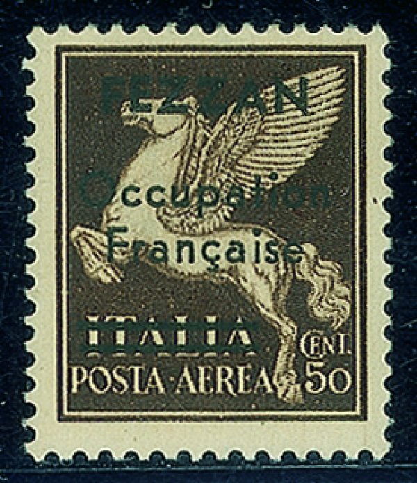 Occupazioni straniere delle colonie - Occupazione Francese - Fezzan - 1943 - Posta Aerea - 50 cent soprastampato (1)