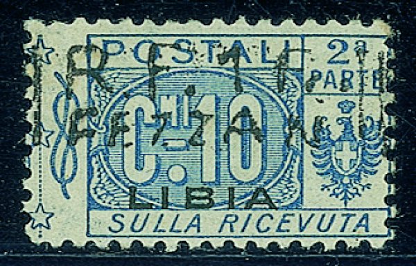 Occupazioni straniere delle colonie - Occupazione Francese - Fezzan - 1943 - Parte destra del 1 fr. su 10 cent Pacchi Postali (14) con soprastampa a mano