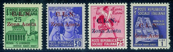 C.L.N. - Aosta - 1944 - Monumenti Distrutti soprastampati (1/4) - serie completa