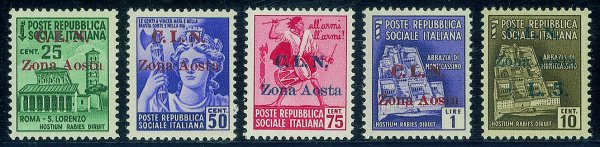 C.L.N. - Aosta - 1944 - Monumenti Distrutti soprastampati (1/8) - serie completa