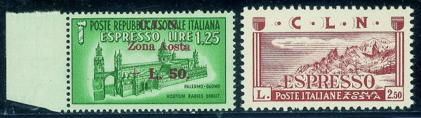 C.L.N. - Aosta - 1944 - Emissione completa soprastampati Zona Aosta + Soggetti Vari (1/8 + 9/16) - serie complete