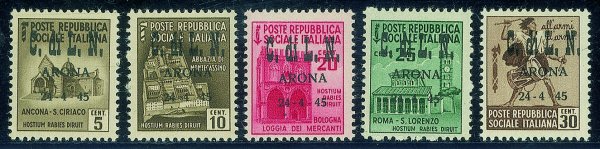 C.L.N. - Arona - 1945 - Monumenti Distrutti e Fratelli Bandiera soprastampati (1/13 + 16 Espressi) - serie completa