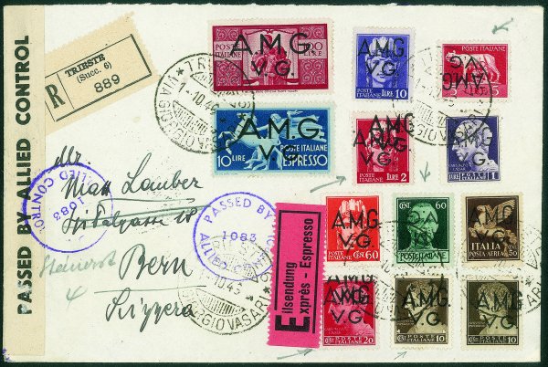 Trieste - Trieste AMG VG - Bella raccomandata espresso con affrancatura mista valori soprastampati dell'emissione tra cui 60 cent + 5 lire con soprastampa capovolta (6d + 10d) e 20 cent + 2 lire con doppia soprastampa (3e + 9e) per Berna (Svizzera) del 1.